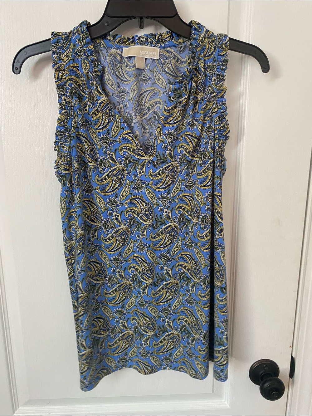 Michael Kors Blue and Yellow Paisley Ruffled Sleeve Camisole